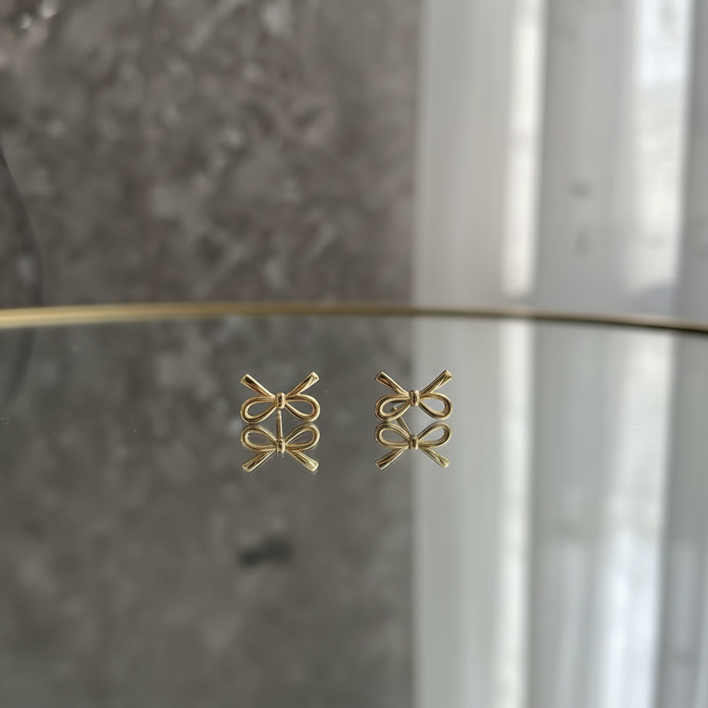 Bow Stud Earrings - Gold Tone Ribbon Design