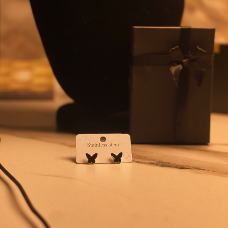 Black Butterfly Stud Earrings - Minimalist Stainless Steel Studs