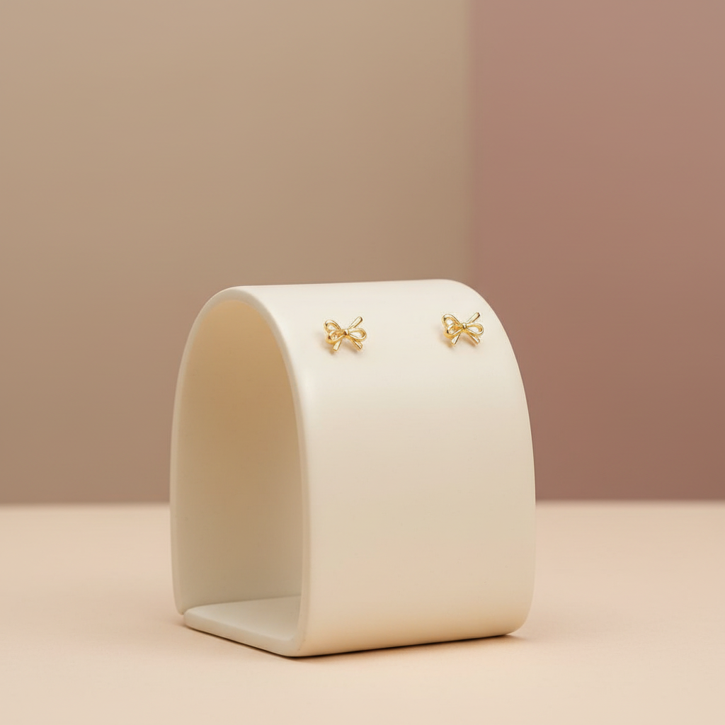 Bow Stud Earrings - Gold Tone Ribbon Design
