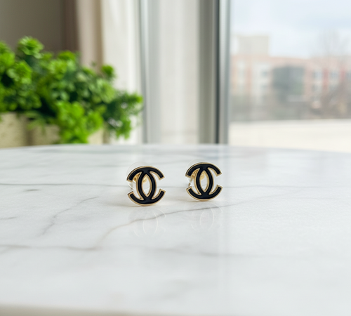 Black & Gold Designer Stud Earrings - Stainless Steel