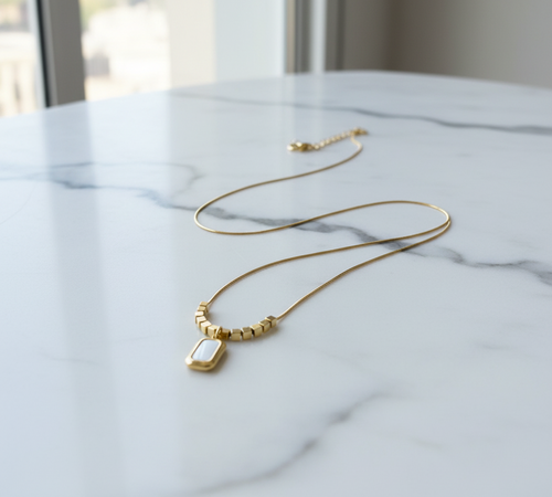 Beaded Enamel Pendant Necklace - Gold Tone with White Charm