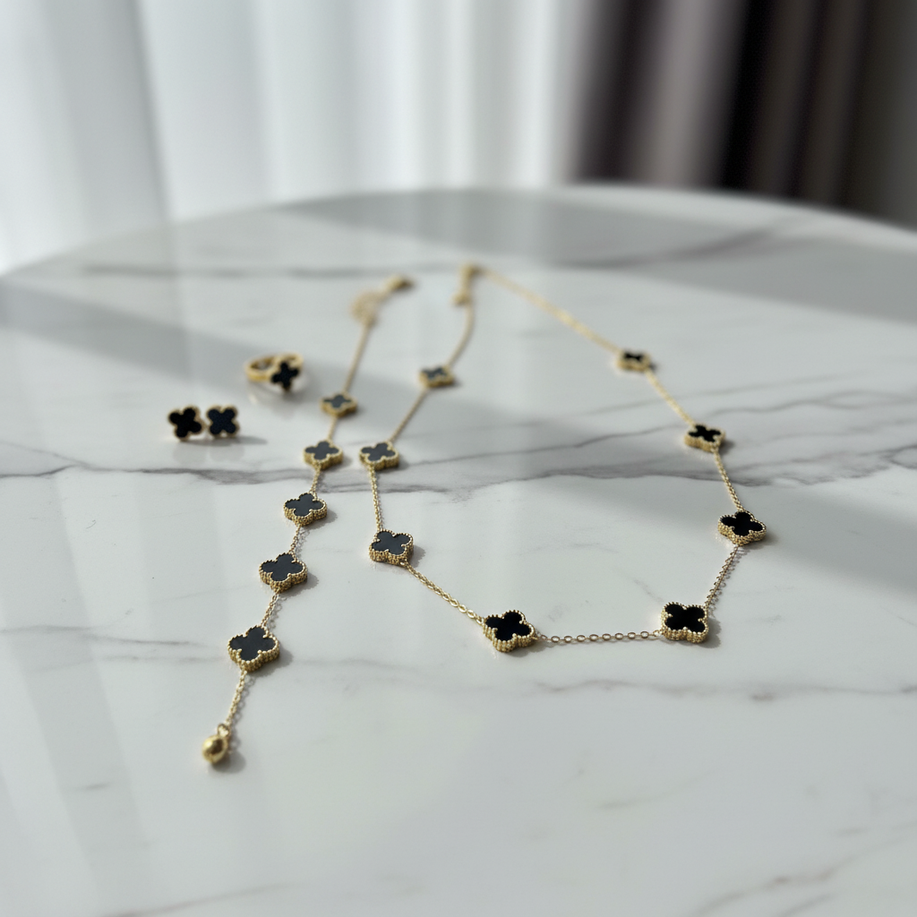 Black Clover Jewelry Set - Gold Tone Necklace, Bracelet & Earrings