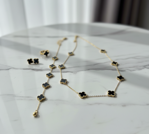 Black Clover Jewelry Set - Gold Tone Necklace, Bracelet & Earrings