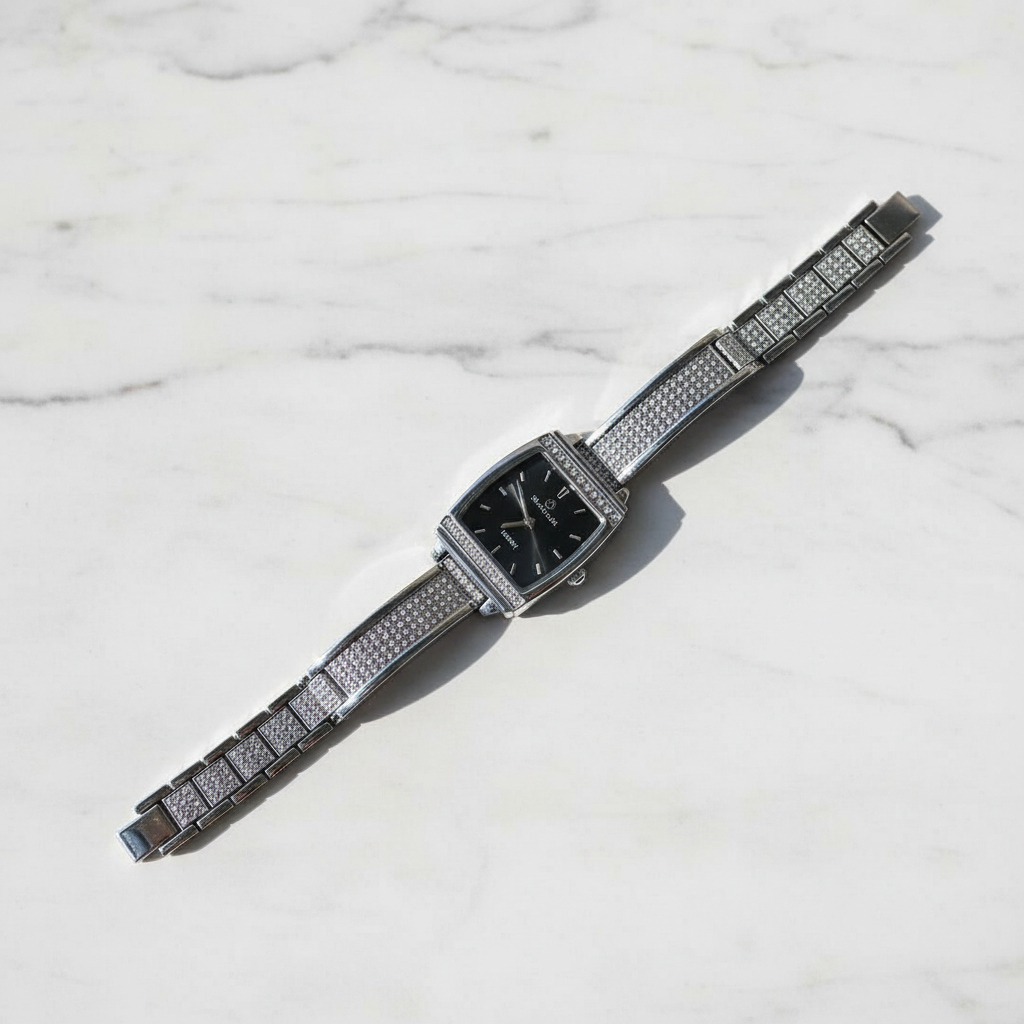 Crystal Embellished Watch - Silver-Tone with Black Dial