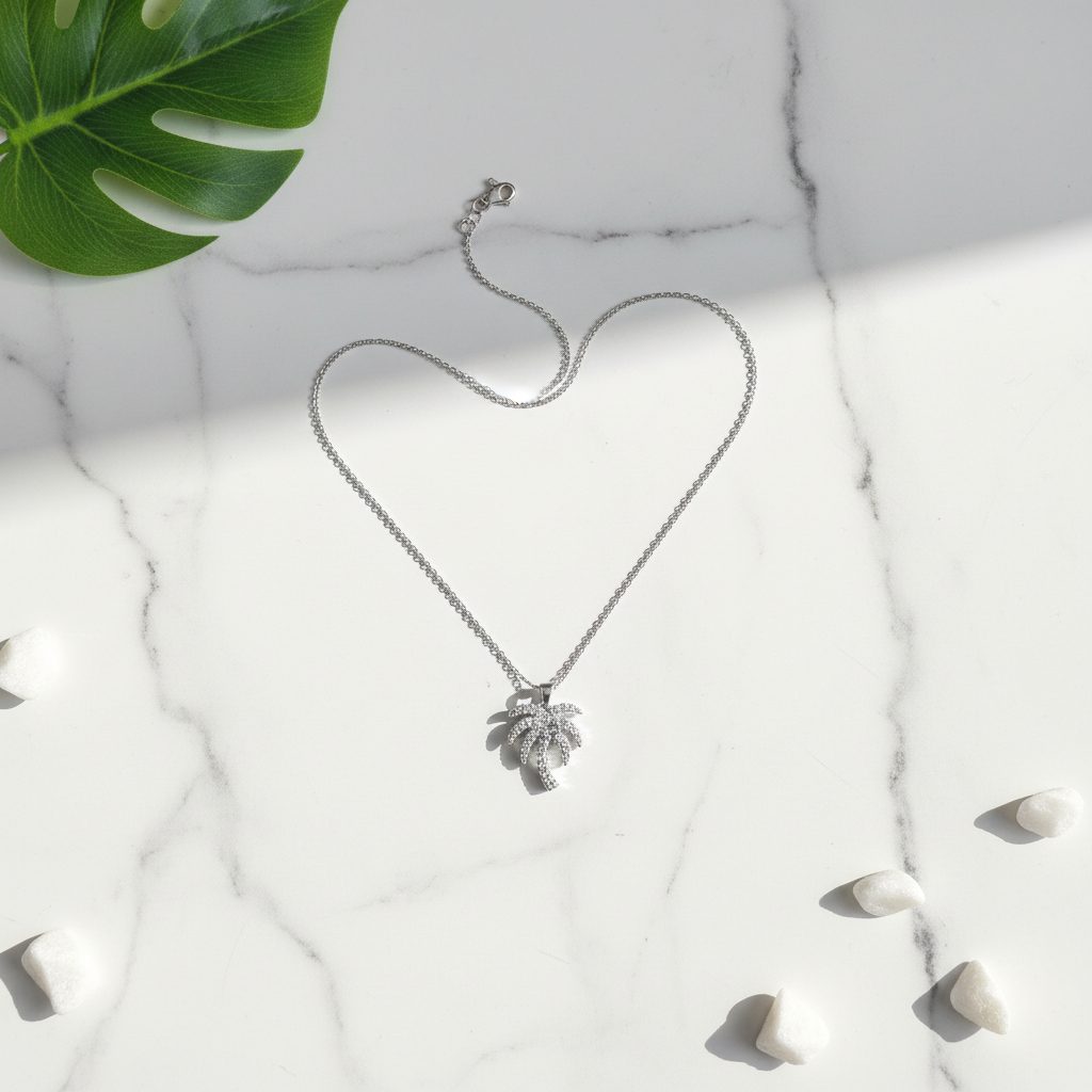 Silver Palm Tree Crystal Necklace