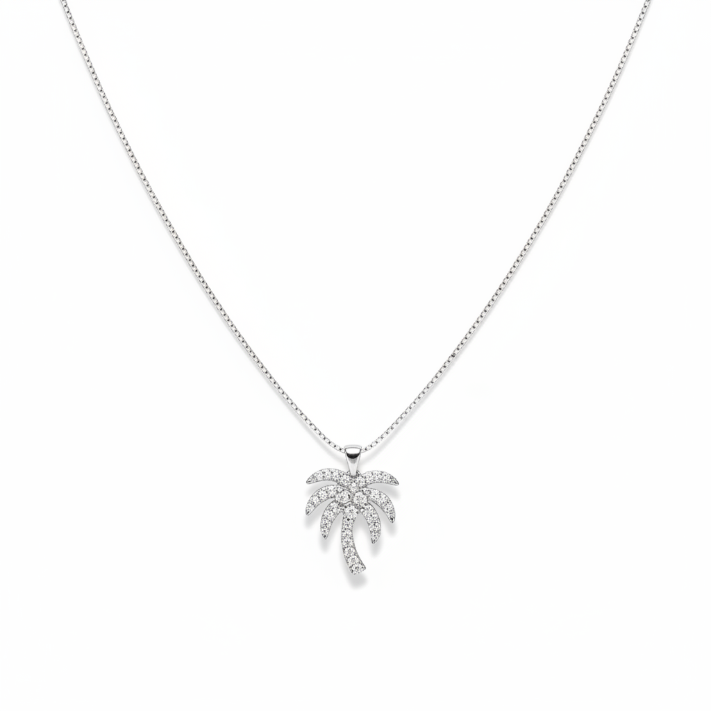 Silver Palm Tree Crystal Necklace