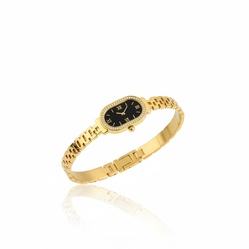 Stainless Steel Gold-Tone Watch Bracelet - Black Dial