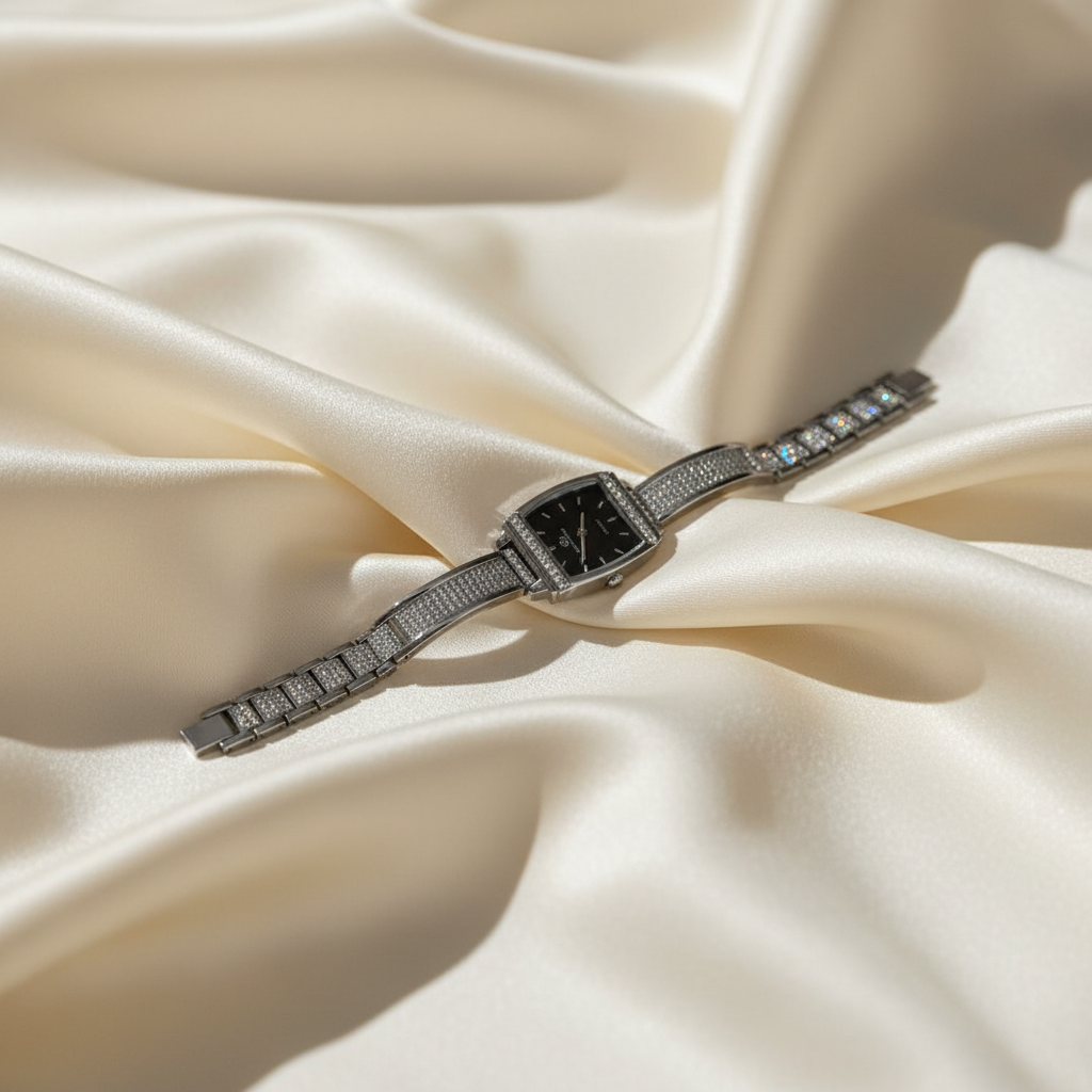 Crystal Embellished Watch - Silver-Tone with Black Dial