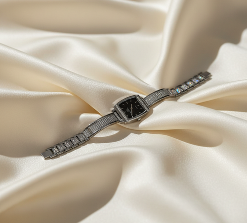 Crystal Embellished Watch - Silver-Tone with Black Dial