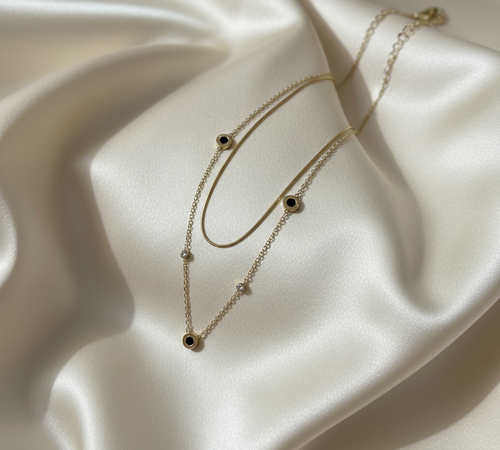 Layered Crystal Necklace - Gold Tone with Black Accents