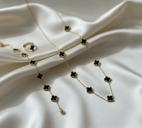 Black Clover Jewelry Set - Gold Tone Necklace, Bracelet & Earrings