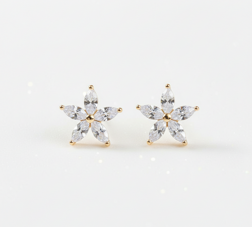 Crystal Star Flower Earrings - Silver Tone Stud Earrings