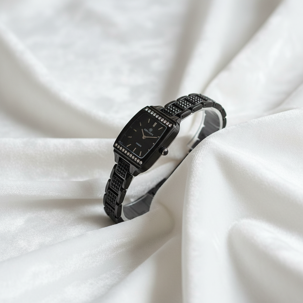Black Crystal Watch - Square Dial with Embellished Bracelet
