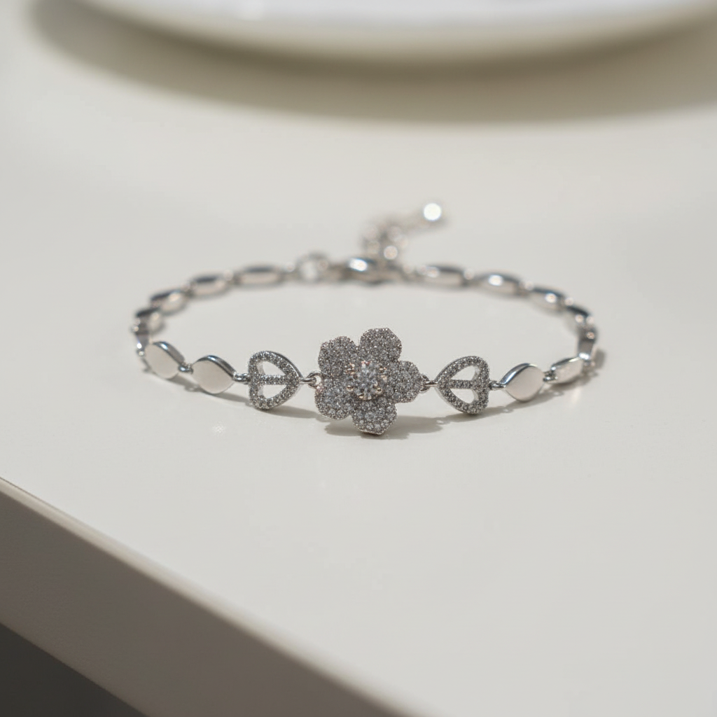 .Elegant Crystal Flower Chain Bracelet - Silver Ton