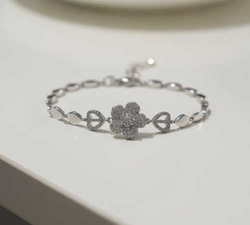 .Elegant Crystal Flower Chain Bracelet - Silver Ton