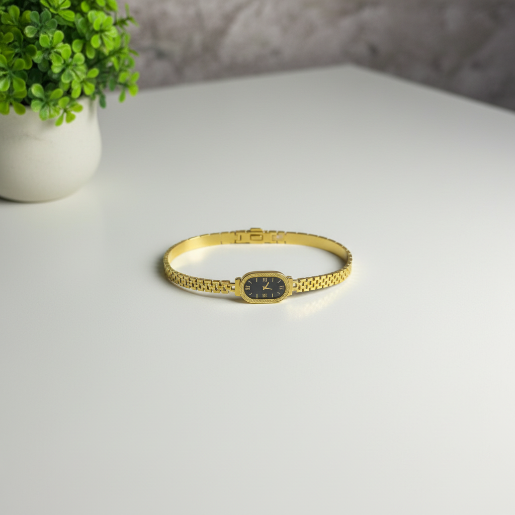 Stainless Steel Gold-Tone Watch Bracelet - Black Dial